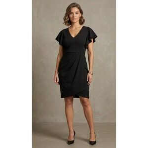iHot Black Ruffle Sleeve V-Neck Tulip Sheath Dress Womens Large LBD Cocktail